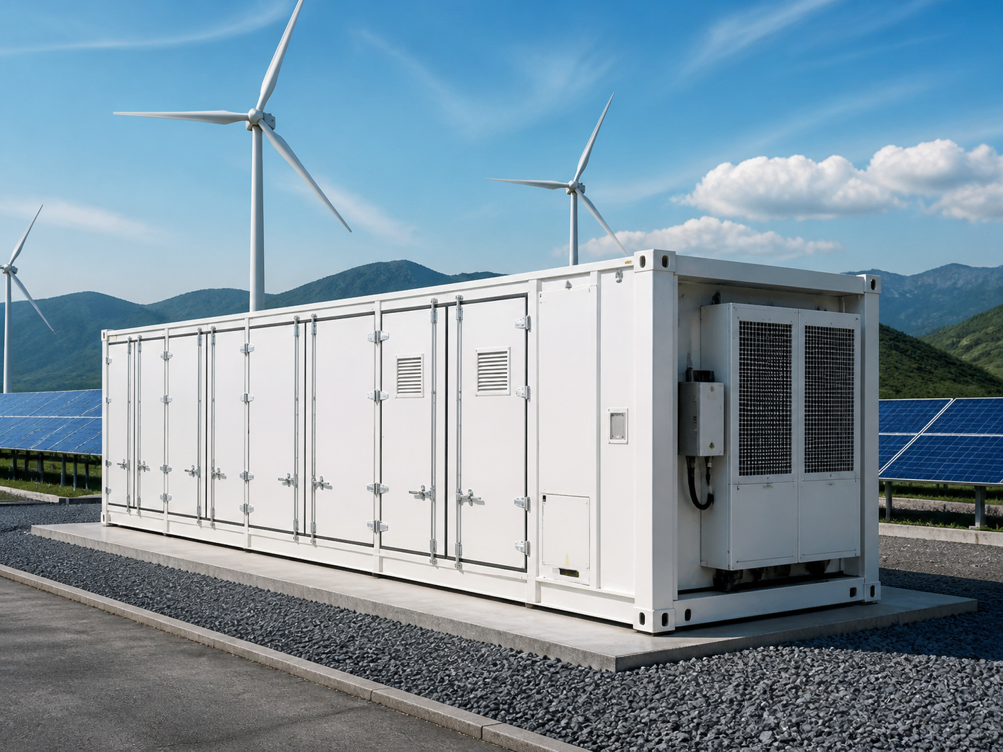 Liquid-cooled battery storage container for a microgrid